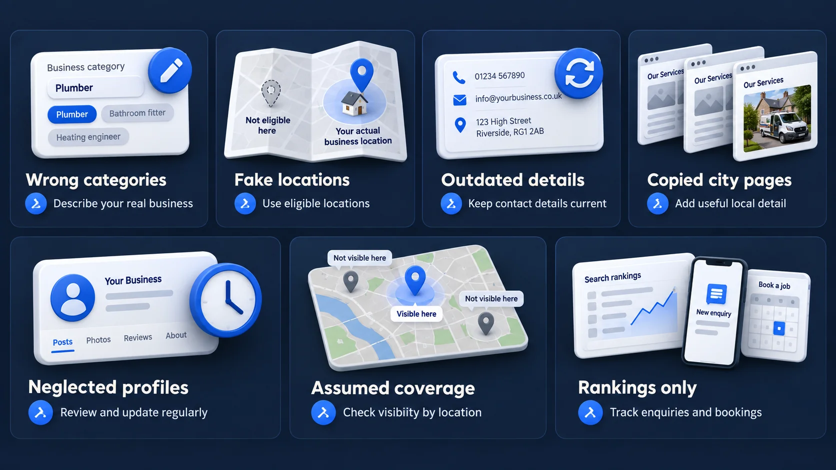 Seven common local SEO mistakes: wrong categories, fake locations, outdated details, copied city pages, neglected profiles, assumed coverage, rankings only