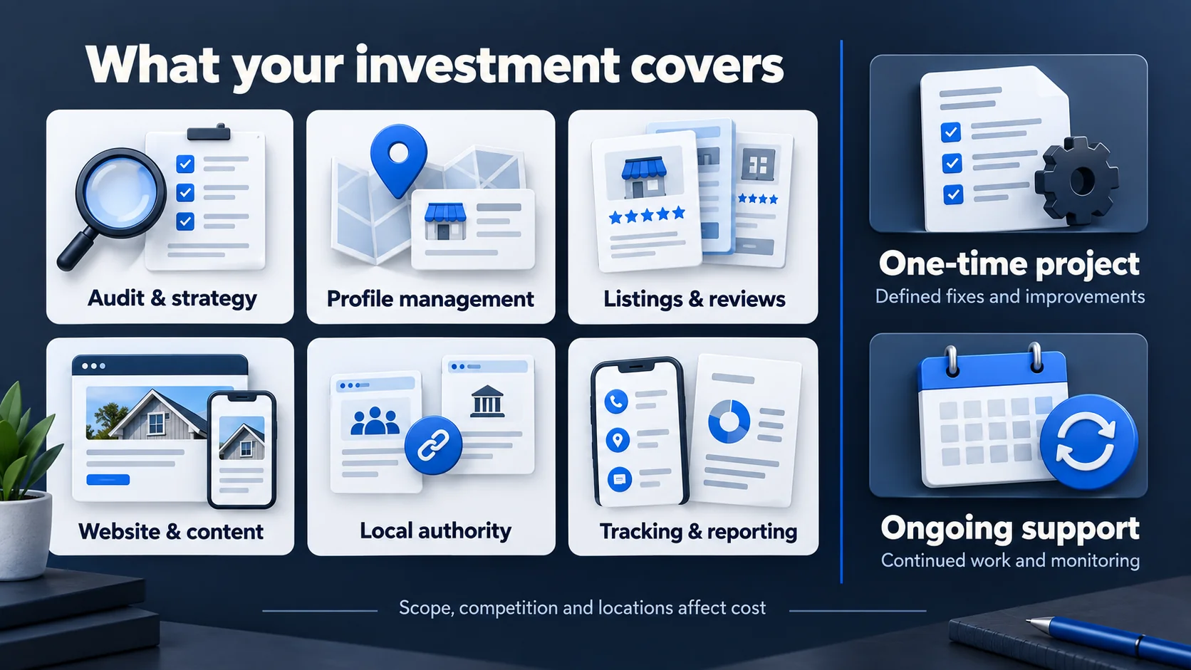 What your local SEO investment covers: audit and strategy, profile management, listings and reviews, website and content, local authority, tracking and reporting, compared with one-time project versus ongoing support