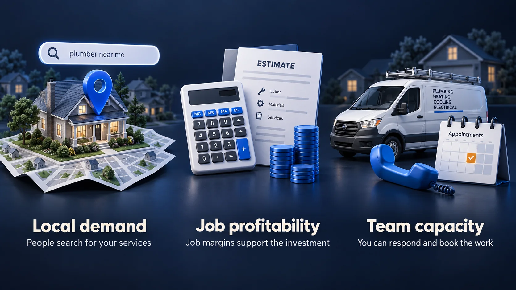 Three questions for whether local SEO is a fit: local demand, job profitability, and team capacity
