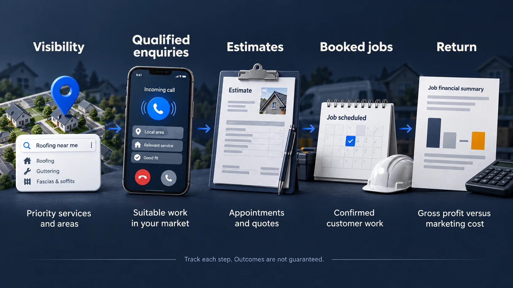 Home-service SEO results journey: visibility, qualified enquiries, estimates, booked jobs, return