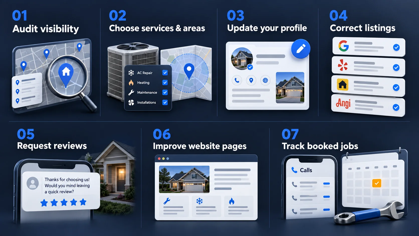 Seven practical steps for local SEO: audit visibility, choose services and areas, update your profile, correct listings, request reviews, improve website pages, track booked jobs