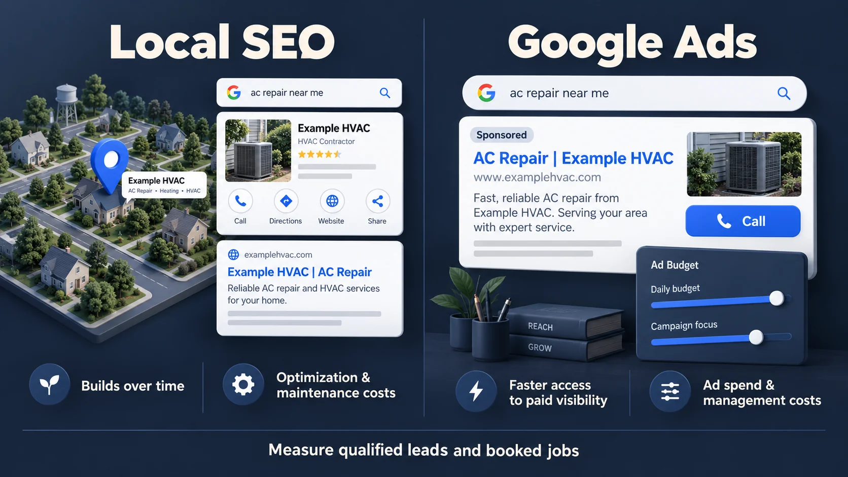 Local SEO map pack result compared with a Google Ads sponsored result for AC repair