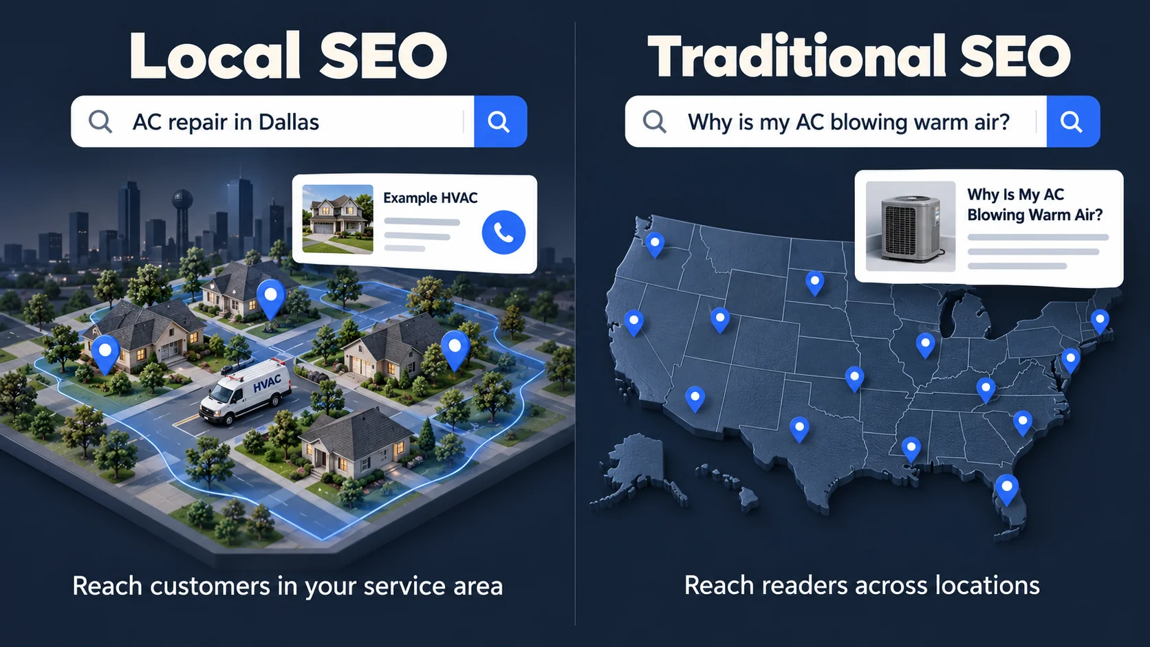 Local SEO search for AC repair in Dallas compared with traditional SEO search for why is my AC blowing warm air