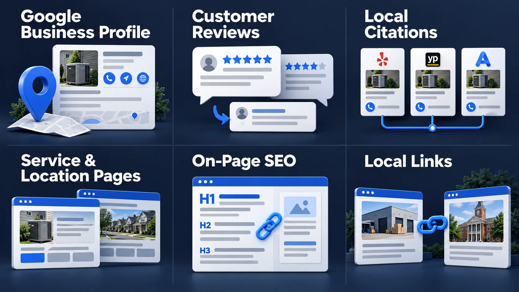 Six core components of local SEO: Google Business Profile, customer reviews, local citations, service and location pages, on-page SEO, and local links
